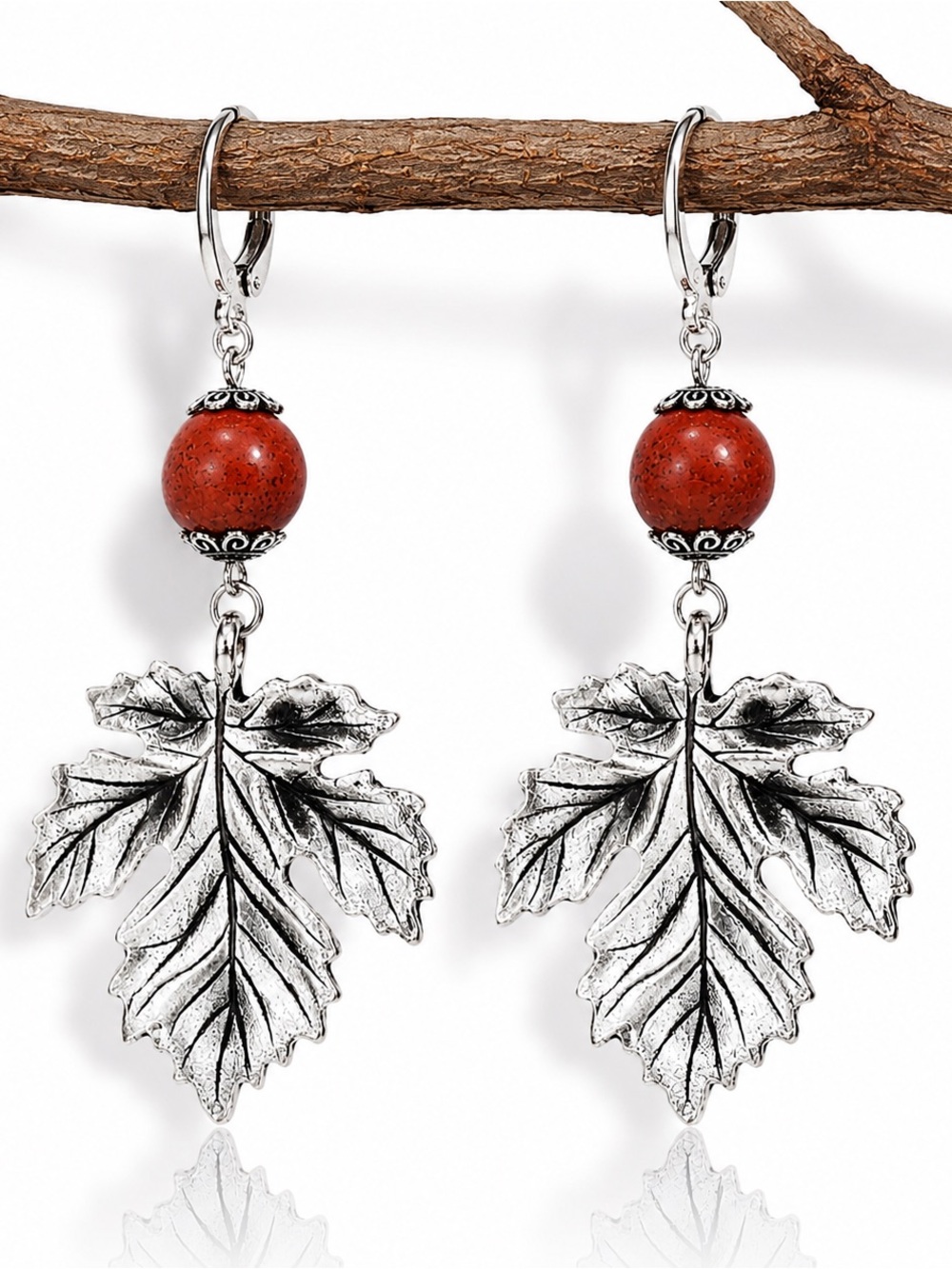 Brick Red Ceramic & Antique Silver Maple Leaf Earrings